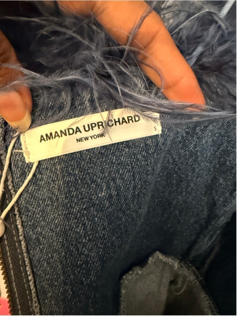 Women's Amanda Uprichard Blue Denim Feather Trim Mini Dress S - Picture 5 of 6